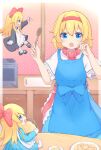  3girls alice_margatroid apron black_dress black_shoes blonde_hair blue_apron blue_bow blue_dress blue_eyes boss9331 bow bowl capelet commentary_request cookie cutting_board doll dress floating food gloves hair_bow hairband highres holding holding_spoon mary_janes medium_hair multiple_girls open_mouth pink_hairband plate shanghai_doll shoes sitting smile socks spoon toaster_oven touhou twitter_username white_gloves white_socks 