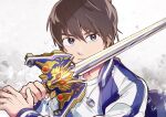  1boy anniversary black_eyes blue_jacket brown_hair commentary_request gekiryuken holding holding_sword holding_weapon jacket jewelry madan_senki_ryukendo multicolored_jacket narukami_kenji nky03 noky03 pendant shirt short_hair simple_background solo sword two-tone_jacket upper_body weapon white_background white_jacket white_shirt 