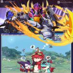  2boys aiming aiming_at_viewer armor beelzebumon blonde_hair dclaret demon_boy digimon digimon_(creature) digimon_story:_time_stranger dinobeemon dracomon dragon drimogemon evolutionary_line goggles goggles_on_head grankuwagamon green_jacket group_picture gun helmet highres holding holding_gun holding_sword holding_toy_gun holding_weapon impmon jacket kudamon_(digimon_savers) kuwagamon lilimon multicolored_jacket multiple_boys pink_armor pink_helmet purple_hair red_eyes red_hair slayerdramon sleipmon sword third_eye two-tone_jacket weapon white_jacket yellow_eyes yuuki_dan 