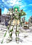 bad_id bad_pixiv_id belt_feed breasts camouflage green_eyes green_hair gun light_rays mecha_musume medium_breasts military original ruins solo sumisi sunbeam sunlight t-90_(personification) thighhighs weapon 