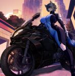 anthro big_breasts black_clothing black_motorcycle blue_clothing blue_eyes blue_markings blue_nose bodysuit breasts canid canine canis city city_background clothed clothing eyebrows faolche female fur grey_body grey_fur hi_res looking_at_viewer low-angle_view mammal markings motorcycle null_(nullthewolf) on_motorcycle pose racing_suit serious skinsuit solo standing tail thick_thighs tight_clothing vehicle wolf