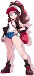  1girl antenna_hair bag baseball_cap black_jacket black_shoes black_socks blue_eyes blue_shorts breasts brown_hair closed_mouth commentary_request covered_navel crop_top cutoffs full_body hat highres hilda_(pokemon) holding holding_poke_ball jacket karukan_(monjya) long_hair micro_shorts midriff_peek open_clothes open_jacket poke_ball poke_ball_(basic) pokemon pokemon_bw ponytail red_bag shirt shoes shorts shoulder_bag sideboob sidelocks sleeveless sleeveless_jacket small_breasts socks solo standing watch white_hat white_shirt wristwatch 