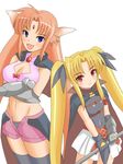  animal_ears arf bardiche blonde_hair breasts cleavage fate_testarossa fox_ears large_breasts long_hair lyrical_nanoha mahou_shoujo_lyrical_nanoha midriff multiple_girls red_eyes red_hair ribbon small_breasts thighhighs twintails very_long_hair 