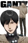  1boy absurdres aiming black_eyes black_hair black_pants brown_hoodie closed_mouth copyright_name full_body gantz hashtag-only_commentary highres hood hoodie lips looking_at_viewer male_focus mechimun_jojo multiple_views nishi_jouichirou pants short_hair simple_background standing twitter_username white_background 