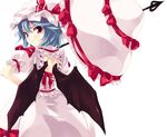  back_cutout bat_wings blue_hair dress frown hand_on_hip hat hat_ribbon looking_back parasol red_eyes remilia_scarlet ribbon shirota_dai short_hair solo touhou umbrella wings 