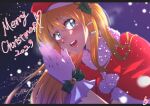  1girl 2023 aqua_eyes bow brown_hair capelet fur-trimmed_capelet fur_trim glove_bow gloves green_bow hair_ornament hairclip hat highres jikkyou_powerful_pro_yakyuu letterboxed long_hair merry_christmas night o_shiiiiri_9 oozora_miyoko open_mouth palms_together red_capelet santa_costume santa_hat signature snowing solo teeth upper_body upper_teeth_only white_gloves 
