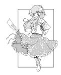 blackheart detached_sleeves frog_hair_ornament full_body gohei greyscale hair_ornament holding kochiya_sanae long_hair long_sleeves looking_at_viewer monochrome nontraditional_miko simple_background skirt solo touhou vest white_background 
