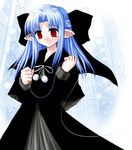  black_dress blue_hair bow capelet dress hair_bow half_updo kagetsu_tooya len long_hair melty_blood pointy_ears red_eyes ribbon solo torishimo tsukihime 