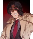  1boy black_gloves black_hair black_jacket boku_dake_ga_inai_machi brown_coat coat collared_shirt commentary_request evil_grin evil_smile gloves grey_shirt grin hand_on_own_face highres jacket long_sleeves looking_at_viewer male_focus necktie pillarboxed red_eyes red_necktie shaded_face shirt smile solo spoilers ujou yashiro_gaku 