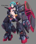  1girl black_thighhighs blue_eyes blue_hair breasts character_name commentary_request grey_background groin gundam headgear highres humanization karukan_(monjya) looking_at_viewer mecha_musume navel psycho_gundam revealing_clothes simple_background small_breasts solo thighhighs zeta_gundam 