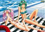  1990s_(style) 2girls aqua_eyes ass barefoot bikini blue_bikini bow breasts brown_eyes burn-up burn-up_w copyright_name day eyewear_on_head flat_chest green_hair hair_bow halterneck innertube jinguu_maya knee_up large_breasts lilica_evett long_hair looking_at_viewer lying multiple_girls navel non-web_source official_art on_blanket on_stomach outdoors pink-framed_eyewear pink_hair retro_artstyle shiny_skin side-tie_bikini_bottom sitting smile strapless strapless_bikini swim_ring swimsuit 