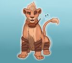  absurd_res alcosaurusrex chest_tuft collar facing_forward felid feline female feral fur hi_res lion looking_at_viewer mammal pantherine quadruped radio_collar red_eyes silky_(elicitie) smile solo tail tail_tuft tan_body tan_fur tuft 