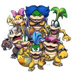  1girl 6+boys armlet ball blue_hair bow claws colored_skin fangs green_hair highres iggy_koopa jewelry larry_koopa lemmy_koopa looking_at_viewer ludwig_von_koopa mari_luijiroh mario_(series) masanori_sato_(style) morton_koopa_jr. multiple_boys pink_bow pink_lips roy_koopa simple_background spiked_armlet sunglasses wendy_o._koopa white_background yellow_skin 