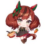  1girl alt_text animal_ears artist_name black_dress boots bow bowtie brown_boots brown_eyes brown_hair carrot chibi chibi_only closed_mouth commentary cooking_pot dress ear_bow ear_covers english_commentary full_body green_bow green_bowtie horse_ears horse_girl horse_tail long_hair long_sleeves looking_at_viewer moorina multicolored_hair nice_nature_(poinsettia_ribbon)_(umamusume) nice_nature_(umamusume) o-ring o-ring_thigh_strap red_bow red_bowtie simple_background smile solo stew streaked_hair striped_bow striped_bowtie striped_clothes tail thigh_strap two_side_up umamusume white_background 
