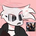 absurd_res angel_dust anthro arachnid arthropod clothing eyelashes eyeshadow eyewear gold_(metal) gold_tooth hazbin_hotel head_tuft hellaverse hi_res hoodie kanye_west makeup male neckwear questioning_look reference_image simple_background simple_coloring solo spider sunglasses topwear tuft valentino_(hazbin_hotel) watermark wojak yosoybonfie