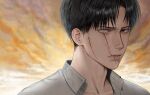  1boy blind closed_mouth collared_shirt grey_eyes hashtag-only_commentary highres levi_(shingeki_no_kyojin) lips looking_at_viewer male_focus mechimun_jojo nose open_clothes open_shirt orange_sky partially_blind scar scar_across_eye scar_on_face scar_on_lip scar_on_mouth shingeki_no_kyojin shirt sky solo twitter_username white_shirt 