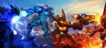  absurdres arm_cannon armor axe battle blurry blurry_background body_armor clenched_hand commentary commission crossover danderfull english_commentary firing gun helmet highres holding holding_gun holding_weapon lombax metroid outdoors power_armor ratchet_&amp;_clank ratchet_(ratchet_&amp;_clank) samus_aran second-party_source weapon 