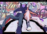  2boys arm_rest ayasegawa_yumichika bald bicycle black_hair black_hoodie black_shoes bleach brick_wall chromatic_aberration commentary_request graffiti grin hand_on_own_knee hood hoodie jacket ladder letterboxed lido_an0 madarame_ikkaku male_focus multiple_boys orange_jacket outside_border perspective shoes sitting sleeves_rolled_up smile sneakers spray_can twitter_username watch wristwatch 