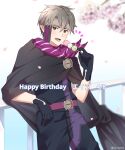  1boy absurdres artist_name birthday_date black_cloak black_pants black_shirt blush cherry_blossoms cloak commentary_request cowboy_shot dango eating eiji_(sao) food grey_eyes grey_hair grey_headband happy_birthday headband highres holding holding_food leaning looking_at_viewer lower_teeth_only male_focus messy_hair notice_lines on_railing open_mouth pants purple_scarf railing scarf shirt short_hair short_sleeves smile solo sword_art_online sword_art_online_the_movie:_ordinal_scale teeth tongue translation_request tu_tora2 twitter_username wagashi 