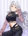  1girl arm_warmers black_pants breasts cleavage commentary_request drop_shadow earrings game_cg grey_hair hair_intakes hoop_earrings idolmaster idolmaster_(classic) idolmaster_million_live! idolmaster_million_live!_theater_days jewelry long_hair looking_at_viewer navel official_alternate_costume official_art pants pink_eyes shijou_takane solo third-party_source 