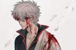  1boy absurdres blood blood_on_clothes blood_on_face closed_mouth collarbone commentary_request gintama grey_hair hair_between_eyes highres injury kusuri_(user_dfpf4837) looking_at_viewer male_focus pectoral_cleavage pectorals red_eyes sakata_gintoki solo white_background 