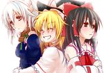  bad_id bad_pixiv_id black_eyes black_hair blonde_hair blue_eyes hair_tubes hairband hakurei_reimu hat izayoi_sakuya kirisame_marisa long_hair maid multiple_girls ribbon short_hair silver_hair smile toraneko touhou witch witch_hat 