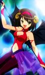  bat_wings breasts brown_eyes brown_hair cleavage demon hairband horns leotard lowres medium_breasts navel non-web_source pantyhose pink_hairband red_leotard short_hair solo suzumiya_haruhi suzumiya_haruhi_no_yuuutsu wings 