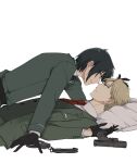  2boys belt black_belt black_gloves black_hair blonde_hair blue_eyes boy_on_top commentary_request cuffs face-to-face gloves green_jacket green_suit gun hand_in_another's_hair handcuffs handgun head_on_pillow highres jacket long_sleeves lying male_focus mello79 military_uniform multiple_boys necktie on_back pillow profile red_eyes red_necktie short_hair simple_background spy_x_family suit twilight_(spy_x_family) very_short_hair vest waistcoat weapon white_background yaoi yuri_briar 