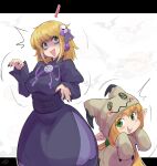  ! 2girls black_dress blonde_hair blush_stickers cornet_espoir cosplay dress earrings green_eyes hex_maniac_(pokemon) hex_maniac_(pokemon_legends:_z-a) hex_maniac_(pokemon_legends:_z-a)_(cosplay) highres jewelry marl_kingdom mimikyu mimikyu_(cosplay) multiple_girls open_mouth pinkkoffin pointy_ears pokemon pokemon_legends:_z-a sphere_earrings teeth upper_teeth_only 