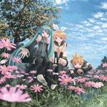  2girls :d aqua_hair blurry cloud day depth_of_field detached_sleeves flower hatsune_miku highres isou_nagi kagamine_len kagamine_rin multiple_girls nature necktie open_mouth outstretched_arm outstretched_hand sitting sky smile thighhighs twintails vocaloid 