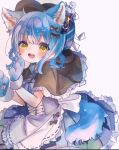  1girl :d adapted_costume alternate_costume animal_ears animal_hands apron black_capelet blue_hair blue_skirt braid braided_hair_rings capelet commentary_request corset dog_ears dog_tail frilled_apron frilled_capelet frilled_skirt frills gloves hair_rings hands_up highres looking_at_viewer mahou_shoujo_no_majo_saiban myua_(wan_wan_00xx) open_mouth paw_gloves pleated_skirt short_hair simple_background skirt smile solo tachibana_sherry tail white_apron yellow_eyes 