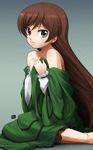  bare_shoulders barefoot brown_hair doll_joints dress heterochromia long_hair nagian rozen_maiden solo suiseiseki undressing 