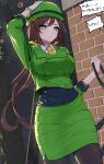  1girl absurdres anger_vein arm_up azuki_(azuki_azukki) black_pantyhose bowler_hat breasts brick_wall brown_hair closed_mouth collared_shirt commentary_request green_eyes green_hat green_jacket hat hayakawa_tazuna highres horseshoe_ornament jacket long_hair long_sleeves necktie pantyhose pencil_skirt shirt skirt skirt_suit solo speech_bubble split_ponytail suit translation_request umamusume v-shaped_eyebrows watch white_shirt wristwatch yellow_necktie 