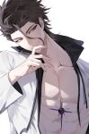  1boy abs absurdres aizen_sousuke bleach brown_eyes brown_hair closed_mouth collarbone commentary_request fingernails highres jacket korean_commentary long_sleeves looking_to_the_side male_focus open_clothes open_jacket pectorals simple_background solo toned toned_male ttaseci2217k upper_body white_background 