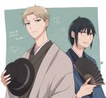  2024 2boys ahoge black_hair black_hat black_kimono blonde_hair blue_eyes blue_haori border clenched_teeth closed_mouth commentary_request folding_fan green_background hand_fan haori hat holding holding_fan holding_unworn_clothes holding_unworn_hat japanese_clothes kimono looking_at_another male_focus mello79 multiple_boys paper_fan red_eyes short_hair smile spy_x_family sweatdrop teeth translation_request twilight_(spy_x_family) unworn_hat unworn_headwear upper_body very_short_hair white_border yuri_briar 