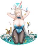  1girl absurdres animal_ears asuna_(blue_archive) asuna_(bunny)_(blue_archive) bare_shoulders blonde_hair blue_archive blue_eyes blue_leotard blue_ribbon blush breasts brown_pantyhose card cleavage commentary_request detached_collar elbow_gloves fake_animal_ears gloves grin hair_over_one_eye hair_ribbon halo highleg highleg_leotard highres kneeling large_breasts leotard long_hair looking_at_viewer pantyhose playboy_bunny playing_card poker_chip rabbit_ears raurashun ribbon smile solo thighband_pantyhose thighs very_long_hair white_gloves 