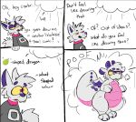 angry anthro black_text blush canid canine clothing cloud comic cross-popping_vein dialogue dragon duo food fruit fur grey_body grey_clothing grey_fur grey_scales grey_sweater grey_topwear half-closed_eyes lunchgunk lunchgunk_(character) male mammal mythological_creature mythological_scalie mythology narrowed_eyes offscreen_character open_mouth pear pink_body pink_clothing pink_eyes pink_scales pink_shirt pink_topwear plant purple_body purple_nose purple_scales scales scalie shirt simple_background sound_effects sweater teeth teeth_showing text tongue_showing topwear transformation white_background yellow_sclera yellow_teeth