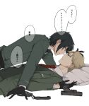  2boys belt black_belt black_gloves black_hair blonde_hair blue_eyes boy_on_top commentary_request cuffs face-to-face gloves green_jacket green_suit gun hand_in_another's_hair handcuffs handgun head_on_pillow highres jacket long_sleeves lying male_focus mello79 military_uniform multiple_boys necktie on_back pillow profile red_eyes red_necktie short_hair simple_background speech_bubble spy_x_family suit translation_request twilight_(spy_x_family) very_short_hair vest waistcoat weapon white_background yaoi yuri_briar 