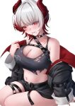  1girl absurdres black_choker blush breasts choker cleavage commentary face_piercing highres horns indie_virtual_youtuber lip_piercing long_sleeves multicolored_hair navel_piercing nose_piercing nose_ring o-ring o-ring_choker off_shoulder piercing red_eyes red_hair red_horns second-party_source solo stomach streaked_hair torn_clothes velvet_noir vexmlk virtual_youtuber white_hair 