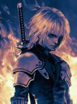  1boy aqua_eyes armor black_jacket chest_strap closed_mouth commentary_request fiery_background final_fantasy final_fantasy_vii final_fantasy_vii:_ever_crisis fire grey_hair hair_between_eyes highres jacket katana male_focus pauldrons sephiroth sephiroth_(ever_crisis) short_hair shoulder_armor signature solo sword sword_on_back tdsuke turtleneck upper_body weapon weapon_on_back 