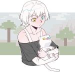  1girl animal animalization bang_dream! bang_dream!_it's_mygo!!!!! black_shirt blue_eyes cat closed_mouth commentary english_commentary expressionless falcorusti heterochromia holding holding_animal holding_cat kaname_raana layered_sleeves long_sleeves medium_hair minecraft off-shoulder_shirt off_shoulder shirt short_over_long_sleeves short_sleeves solo tree white_cat white_hair yellow_eyes 