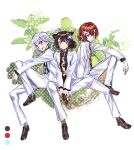  3girls :d alternate_costume ange_katrina animal_ears ben-day_dots black_shirt blue_eyes blue_flower blue_hair blue_necktie blue_socks brown_hair brown_shoes closed_mouth collared_shirt colored_inner_hair commentary_request crossed_bangs dog_ears eyelashes flower group_picture hair_behind_ear hair_between_eyes hair_bun hair_flower hair_ornament hands_on_own_foot heterochromia highres inui_toko jacket knee_up lize_helesta long_sleeves looking_at_viewer matching_outfits multicolored_hair multiple_girls necktie nijisanji open_clothes open_jacket open_mouth orange_necktie pants patterned_clothing photo_background plaid_clothes plaid_socks ponytail purple_eyes red_eyes red_hair red_necktie red_socks sanbaka_(nijisanji) screentones shirt shoes short_ponytail sitting smile socks suit suit_jacket takanashi_ringo two-tone_hair virtual_youtuber white_background white_hair white_jacket white_pants white_suit wreath yellow_eyes yellow_socks 