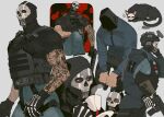  1boy arm_tattoo black_cat black_gloves black_pants black_shirt blue_jacket blue_pants brown_eyes bulletproof_vest call_of_duty cat combat_helmet cup denim ghost_(modern_warfare_2) gloves helmet highres holding holding_cup holding_weapon jacket jeans kaifei_(kaifei_29) male_focus mask multiple_views muscular muscular_male pants shirt simple_background skull_mask skull_print solo tactical_clothes tattoo teabag teacup weapon white_background 