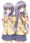  back-to-back bad_id bad_pixiv_id clannad fujibayashi_kyou fujibayashi_ryou hikarizaka_private_high_school_uniform multiple_girls purple_eyes purple_hair school_uniform sen_(sansui) siblings sisters twins v 