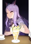  1girl absurdres animal_ears aqua_bow berry bow bowtie clenched_teeth closed_eyes commentary_request cup dark_background dessert dot_nose drinking_glass ear_bow eyes_visible_through_hair facing_to_the_side flying_sweatdrops food frown fruit furrowed_brow highres horse_ears horse_girl long_hair mejiro_mcqueen_(umamusume) melon outside_border outstretched_arms outstretched_hand parfait parfait_glass pillarboxed pov_across_table puffy_short_sleeves puffy_sleeves purple_bow purple_bowtie purple_hair purple_shirt purple_trim rerere sailor_collar school_uniform shirt short_sleeves solo sparkle summer_uniform swept_bangs table tea teacup teardrop teeth tracen_school_uniform umamusume upper_body whipped_cream wooden_table 