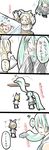  &gt;_&lt; 4koma blonde_hair chibi closed_eyes comic green_hair hatsune_miku highres hiraga_matsuri kagamine_rin long_hair multiple_girls necktie parody prehensile_hair scared short_hair translated vocaloid 