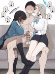  1boy 2girls absurdres assertive_female asuna_(blue_archive) asuna_(school_uniform)_(blue_archive) asymmetrical_bangs bar_censor black_hair black_socks blue_archive blue_bow blue_bowtie blue_cardigan blue_halo blue_nails blue_scrunchie bow bowtie breasts cardigan censored choker clothed_female_nude_male commentary_request couch cum dark-skinned_female dark_skin ejaculation faceless faceless_male hair_over_one_eye halo handjob highres karin_(blue_archive) karin_(school_uniform)_(blue_archive) kata_itai_hito large_breasts licking licking_ear licking_nipple long_hair loose_bowtie multiple_girls nipple_stimulation no_shoes nude official_alternate_costume on_couch purple_halo school_uniform scrunchie sitting socks sweat wrist_scrunchie 