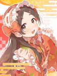  1girl asa_no_ha_(pattern) blush bow brown_eyes brown_hair commentary egasumi frilled_hairband frilled_kimono frills gakuen_idolmaster hairband highres idolmaster japanese_clothes kimono kuramoto_china long_hair long_sleeves looking_at_viewer open_mouth orange_bow orange_kimono parted_bangs solo teeth uminokaisen upper_teeth_only 