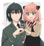  1boy 1girl :d ahoge anya_(spy_x_family) arm_at_side black_dress black_hair blush bow bowtie brown_cardigan buttons cardigan closed_mouth collared_shirt commentary_request dress frown green_eyes green_jacket hair_between_eyes heart_hands_failure jacket long_sleeves looking_at_viewer medium_hair mello79 military_uniform open_mouth pink_hair red_eyes shirt short_hair shoulder_boards smile spy_x_family standing star_(symbol) striped_bow striped_bowtie striped_clothes sweatdrop translation_request uncle_and_niece upper_body white_shirt yuri_briar 