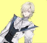  1boy black_vest blue_eyes blue_gem brooch clock_hands colored_eyelashes contrast_lapels da_jins_rins dress_shirt dutch_angle ear_piercing earrings frilled_shirt frills gem hair_ornament hair_over_one_eye half_updo highres jacket jewelry lapels looking_at_viewer male_focus medium_hair mole mole_under_eye neck_ribbon one_eye_covered open_clothes open_jacket original parted_lips piercing ribbon ring_piercing shirt simple_background single_off_shoulder solo striped_ribbon stud_earrings thai_commentary upper_body vest white_jacket white_ribbon white_shirt yellow_background 
